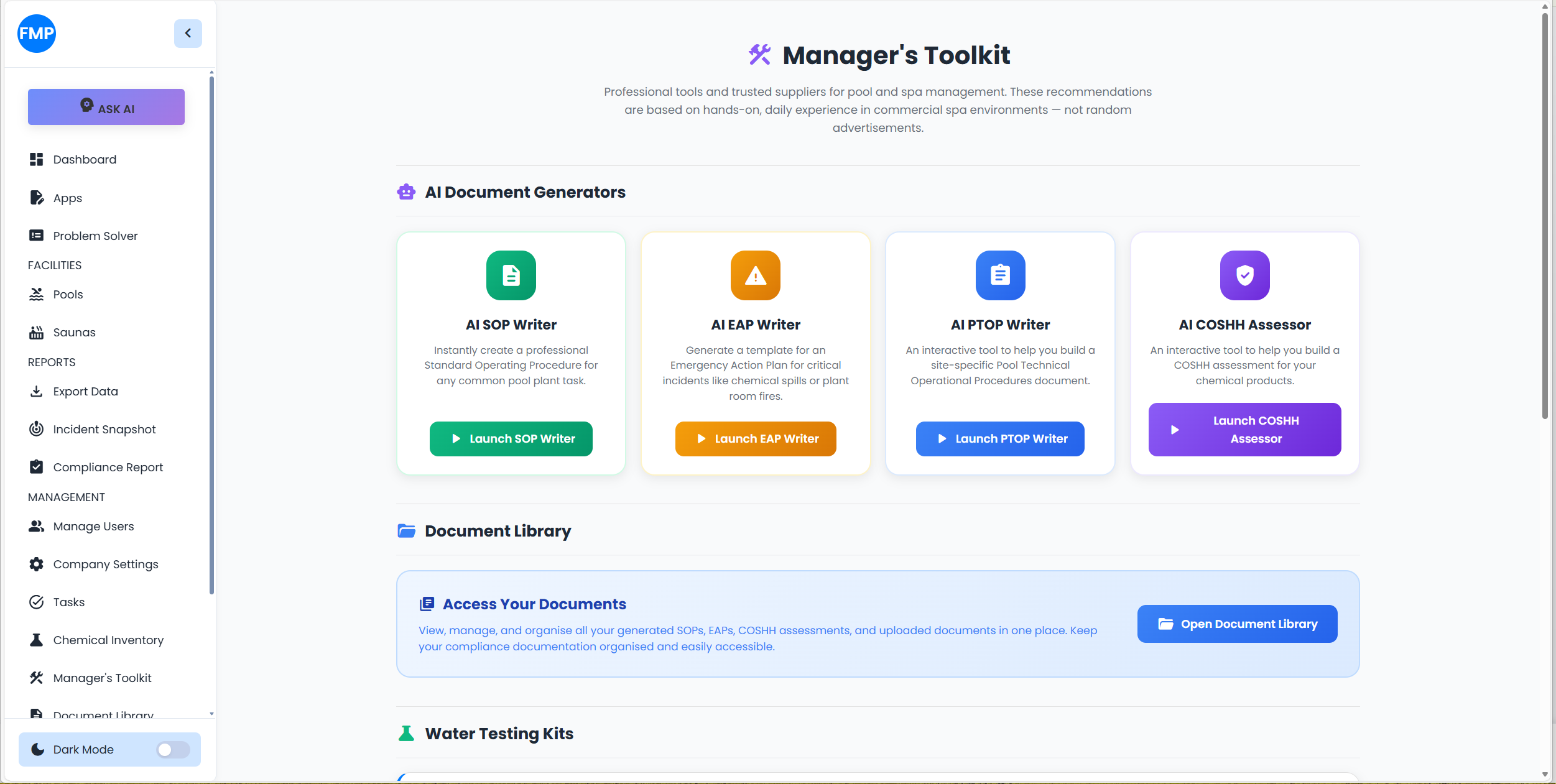 PoolComply AI document generators interface